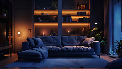Interior of dark living room with couch, shelving units and glowing lamps
