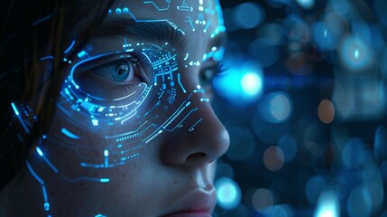 A woman's face is lit up with blue lights, giving it a futuristic