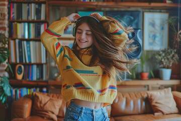 Happy funny gen z hipster Latin American teen girl wearing headphones dancing at home, listening music on mobile phone, having fun feeling funky moving in living room, authentic shot