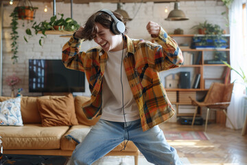 Happy funny gen z hipster Latin American teen guy wearing headphones dancing at home, listening music on mobile phone, having fun feeling funky moving in living room, authentic shot