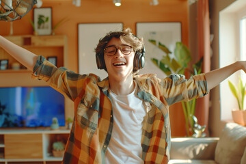 Happy funny gen z hipster Latin American teen guy wearing headphones dancing at home, listening music on mobile phone, having fun feeling funky moving in living room, authentic shot