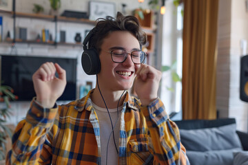 Happy funny gen z hipster Hispanic teen guy wearing headphones dancing at home, listening music on mobile phone, having fun feeling funky moving in living room, authentic shot