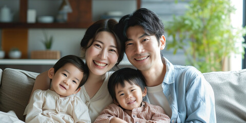 Happy Japanese family posing on the couch together at home in the living room