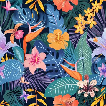 Lush jungle foliage, vibrant hibiscus with monstera leaves and exotic flowers create endless print. Seamless pattern perfect for textile and fashion, decor. Trendy tropical floral illustration