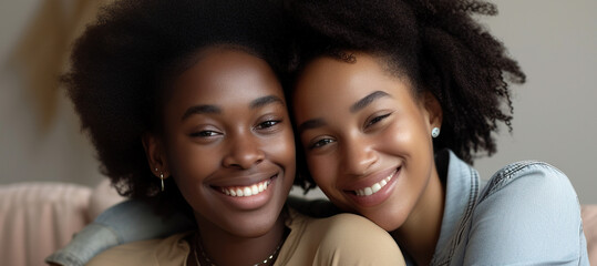 Happy young African American mom hug teenage daughter making picture together, smiling black mother and teen girl sit on couch posing for photo, parent and child embrace as best friends - obrazy, fototapety, plakaty