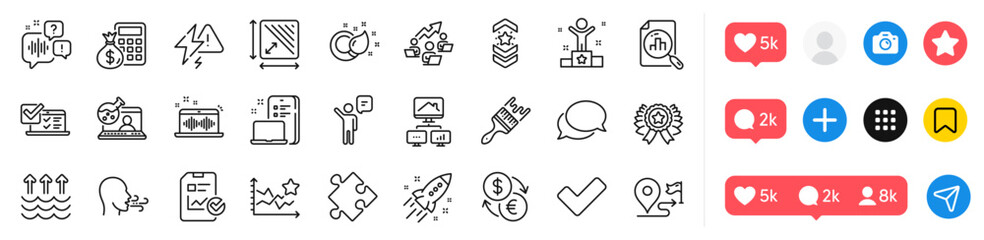 Startup rocket, Work home and Paint brush line icons pack. Social media icons. Winner ribbon, Online survey, Teamwork chart web icon. Shoulder strap, Breathing exercise, Evaporation pictogram. Vector