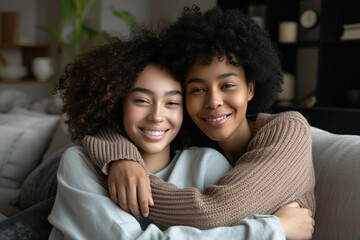 Two Happy young hug teenage making picture together, smiling teen girl sit on couch posing for...