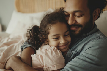 Indian man and his little daughter hugging in bedroom - obrazy, fototapety, plakaty