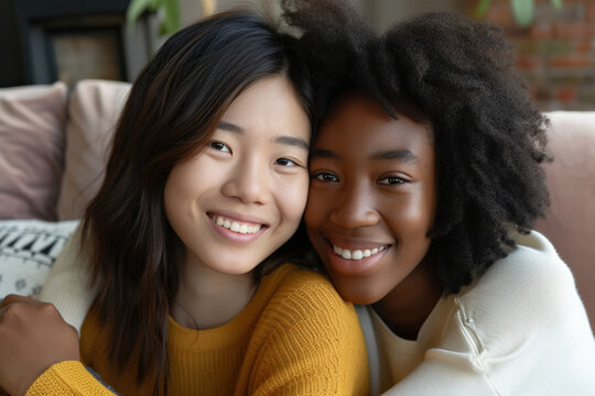 Two Happy young hug teenage making picture together, smiling teen girl sit on couch posing for photo, as best friends