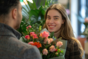 Men giving flowers to women in the office
