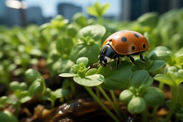 Ladybug in seal celebrates agricultural biodiversity., generative IA