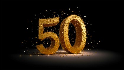 Golden number 50 from particles, numbering, fifty, golden numbers with sparkling lights. Celebration,festive,Happy birthday design. Fiftieth number,anniversary on black background