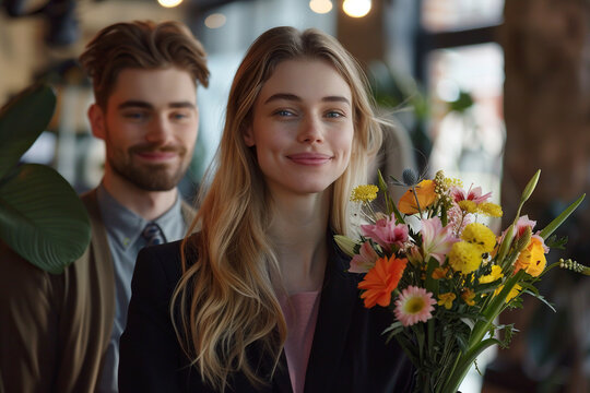 Men giving flowers to women in the office