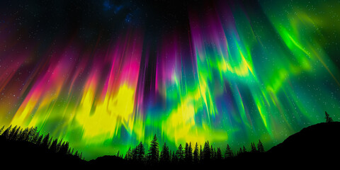 Aurora Borealis Over a Forest, Green Northern Lights, Night Sky Phenomenon - obrazy, fototapety, plakaty