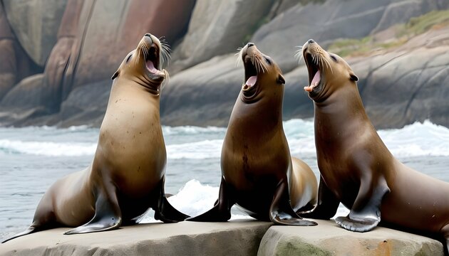 A Pair Of Playful Sea Lions Barking Loudly On A Ro