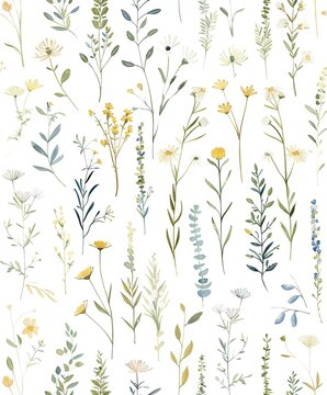 Fototapeta Wildflowers in watercolor, seamless spring summer botanical pattern. Pastel hues ideal for fabric, wallpaper, stationery. Gentle romantic floral background