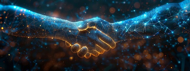 A digital handshake between two entities encased in a cybersecurity aura, representing trust and resilience in third-party relationships, space for text