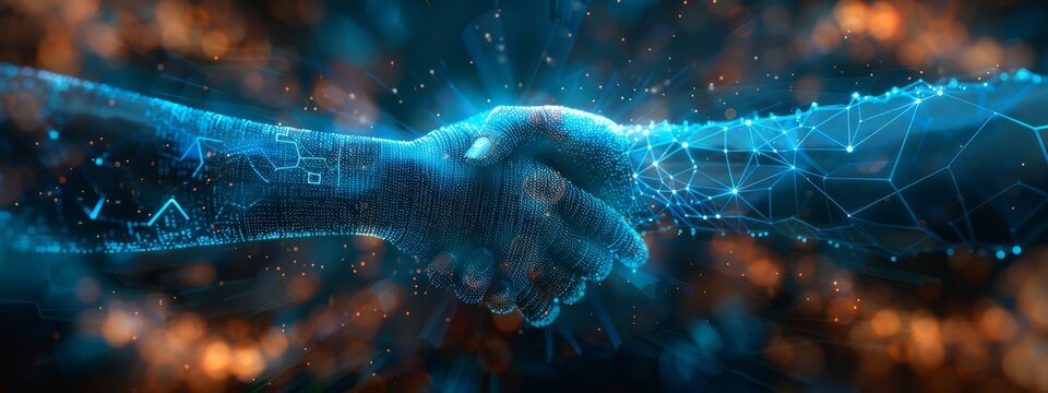 A digital handshake between two entities encased in a cybersecurity aura, representing trust and resilience in third-party relationships, space for text