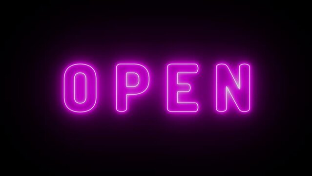 animation of signboard sign saying open, text with flashing neon light effect.