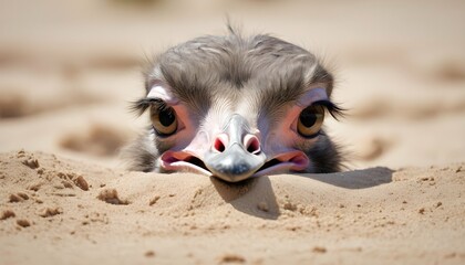 An Ostrich With Its Beak Buried In The Sand - obrazy, fototapety, plakaty