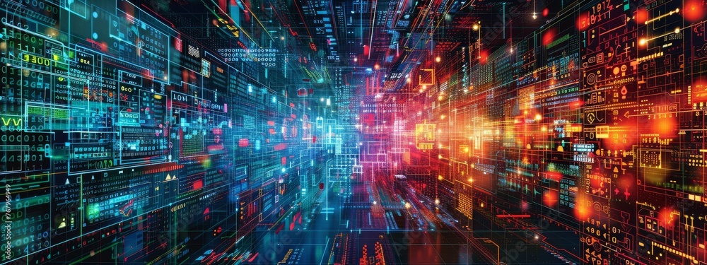 Poster a digital tapestry weaving together various cybersecurity metrics, creating a comprehensive image wi