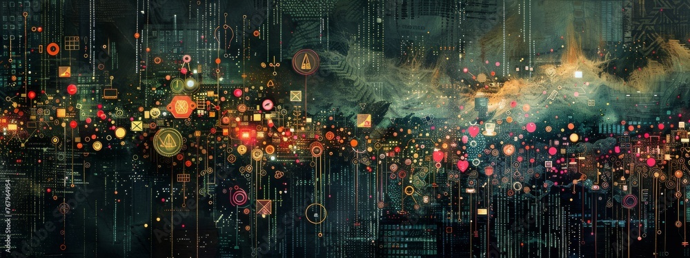 Poster a digital tapestry weaving together various cybersecurity metrics, creating a comprehensive image wi