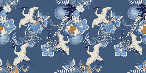Asian pattern pattern of cranes and flora. Asian stylish pattern with cranes.
