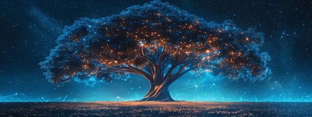 A digital tree with branches representing network connections, secured by GenAI, set against a starry night sky, leaving room for text. - obrazy, fototapety, plakaty