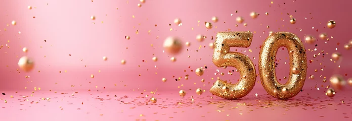 Foto op Canvas Number 50 gold numbers. Elegant Greeting celebration fifty years birthday. Anniversary number 50 foil gold balloon. Happy birthday, congratulations poster. Golden numbers with sparkling golden  © annebel146
