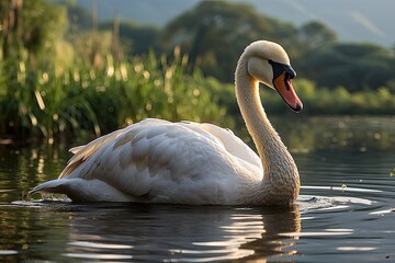Elegant swan resting on serene lake., generative IA