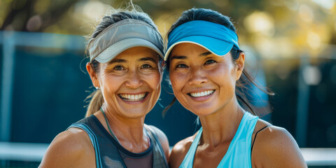 Two friends wearing visors, with beaming smiles, enjoying a day of tennis, capturing a feeling of happiness and companionship in an outdoor setting - obrazy, fototapety, plakaty