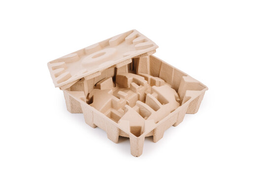 Two pieces of molded cardboard packaging with various slots and holes, likely for securing delicate items, stacked on top of each other against a white background.