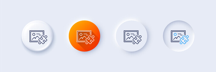 Puzzle image line icon. Neumorphic, Orange gradient, 3d pin buttons. Jigsaw piece with photo sign. Business challenge symbol. Line icons. Neumorphic buttons with outline signs. Vector