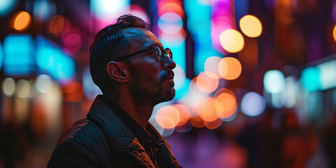 Middle-aged man with glasses, lost in thought amidst neon city bokeh, evoking urban contemplation