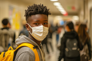 Young student with a bright smile wearing a white face mask and carrying a yellow backpack, standing in a school hallway with other students in the background