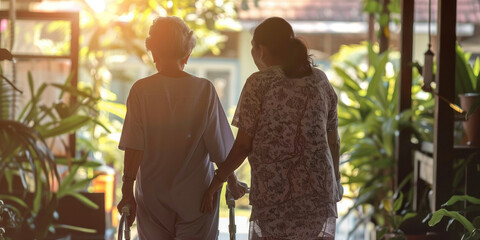 Happy elderly couple walking together in a sunlit hallway, embracing the beauty of aging gracefully