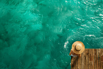 woman wearing sun hat on a wooden pier view from above, turquoise water swimming pool. Summer concept - 767965928