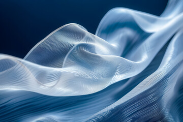 Translucent ribbon with a silky texture elegantly twisted against a dark blue background. - obrazy, fototapety, plakaty