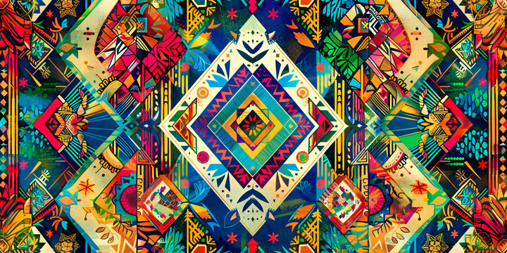 Seamless Geometric Pattern, Ethnic Textile Design, Vintage Tribal and Boho Fabric Illustration
