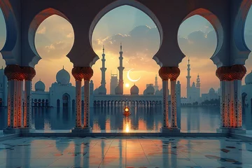 Selbstklebende Fototapeten A beautiful view of the crescent moon shining through an Islamic archway, with mosque minarets visible in the background.  © Graphsquad