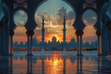 A beautiful view of the crescent moon shining through an Islamic archway, with mosque minarets visible in the background. a view of a large building with arches and a sunset - Powered by Adobe