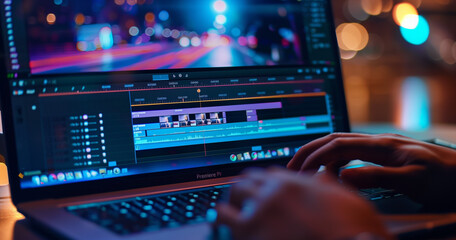 video editing software interface on a laptop screen, hands of a video editor using a professional...
