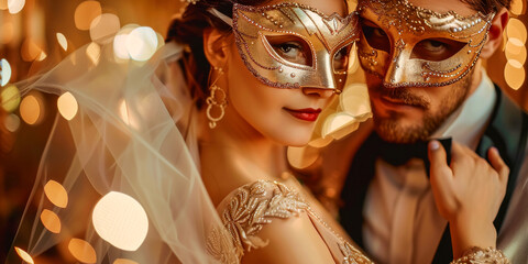 Sophisticated couple dressed in elegant evening attire wearing ornate golden masquerade masks with feathers, posing in a dimly lit ambiance. - obrazy, fototapety, plakaty