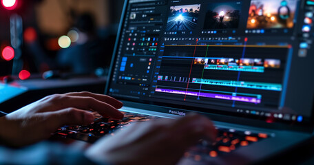 video editing software interface on a laptop screen, hands of a video editor using a professional digital