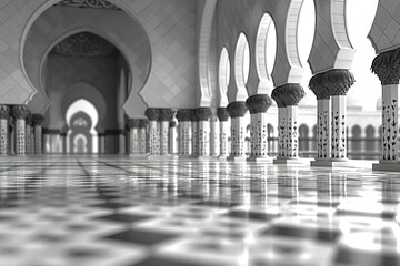a close-up of a large building with columns and arches, A black-and-white image of an Islamic archway with delicate patterns - Powered by Adobe