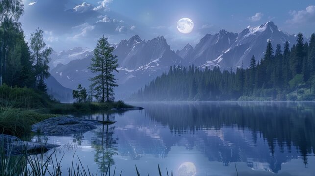 Moonlit Mountain Lake at night, outdoors