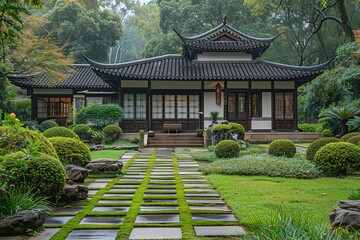 building with a garden and a stone path in front of it, A Chinese-style house with black tiles and white walls - Powered by Adobe