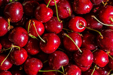 Cherry background.Close up of a bunch of bright red cherries shot from above. Cherry with drops. Food background.