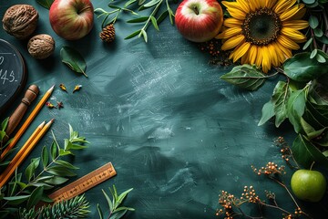 A green background with school supplies like chalkboard, pencils, and ruler on the left side.  - Powered by Adobe