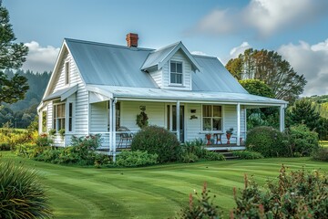 white house with a porch and a covered porch - obrazy, fototapety, plakaty